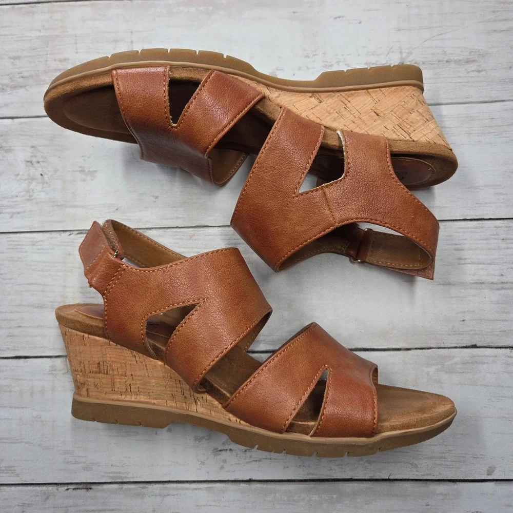 Eurosoft Sadra Wedge Sandals Strappy Cork Heel Womens 8.5M Tan Brown ES0022300